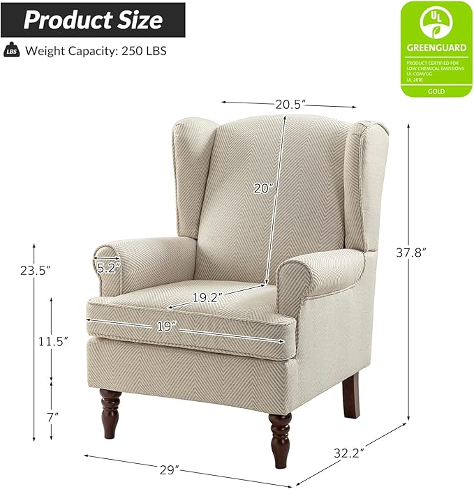 HULALA HOME Wingback Accent Chair with Retro Wooden Legs, Traditional Fabric Armchair for Living Room Bedroom, Comfy Upholstered Single Sofa Chair Reading Chair, Tan