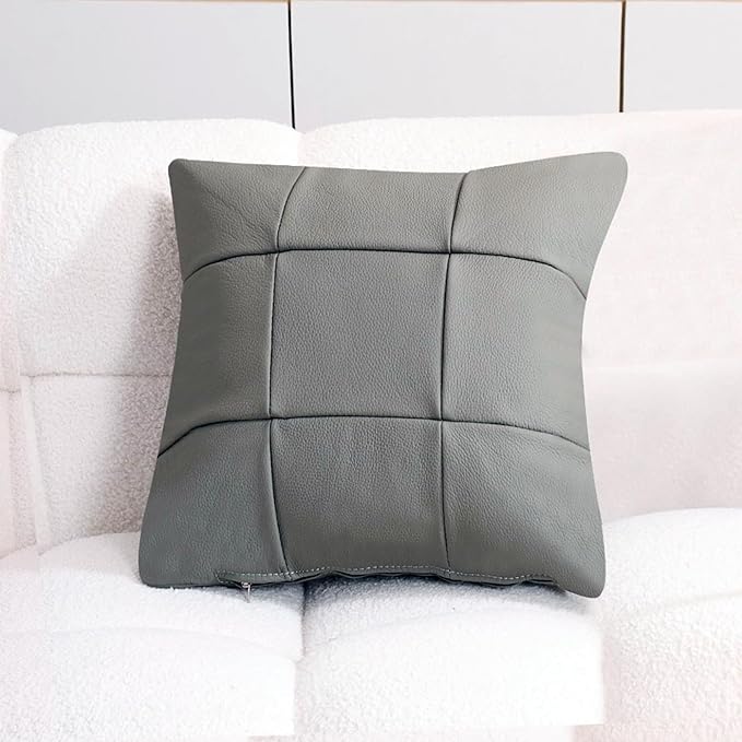 Kidol & Shellder Genuine Leather Throw Pillow Cover 18x18 Modern Solid Lumbar Pillow Covers-Luxury Pillowcases for Couch Sofa Bed-Soft Durable Decorative Cushion Case with Hidden Zipper(Grey)
