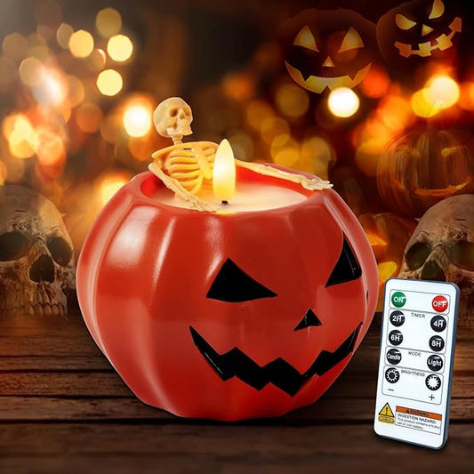Halloween Decor-Flameless Pumpkin Candles, Real Wax Halloween Skeleton Candles, Flickering Battery Operated Candle with Remote for Gothic Party, Holiday Gift, Home Decor Indoor