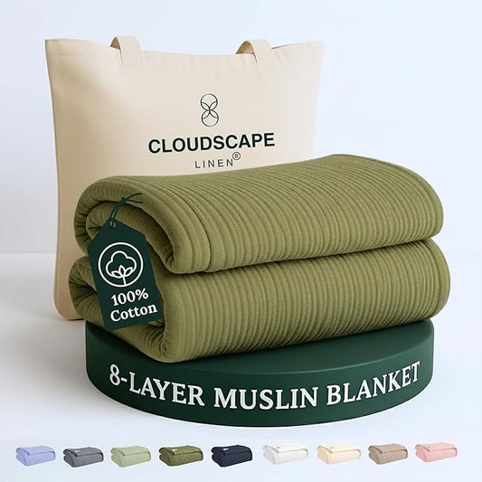 Cloud Scape Linen 100% 8-Layer Cotton Muslin Blanket Queen Size,Lightweight All Season Blanket for Bed, Oversized Cotton Blankets, fits Full Size Bed, 92x92, Olive Green