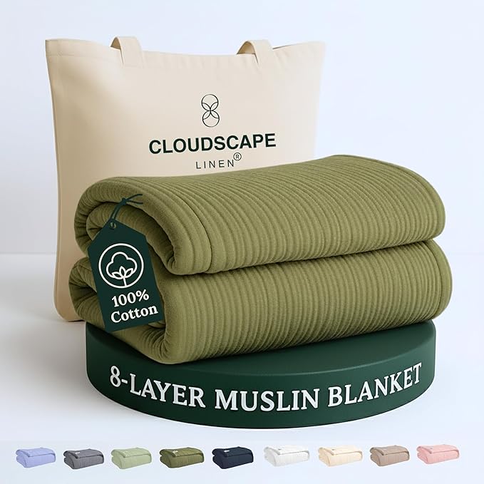 Cloud Scape Linen 100% 8 Layer Cotton Muslin Blanket King Size for Adult, Lightweight & Breathable, All Season Oversized Blanket for Bed, fits California King, 92x108, Olive Green