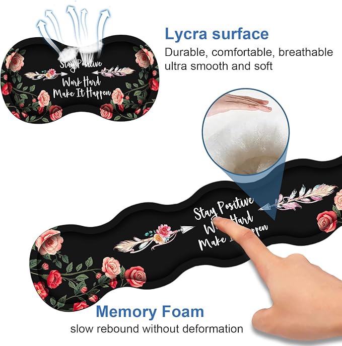 Ergonomic Memory Foam Mouse Pad Wrist Rest Set,Stay Positive Work Hard and Make It Happen Inspirational Quote Large Desk Pad + Keyboard Wrist Rest + Mouse Wrist Cushion + Coaster for Home Office Study