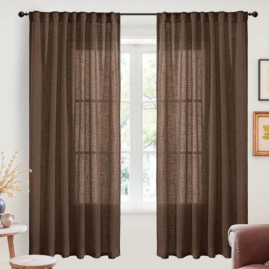 YoungsTex Dark Brown Linen Semi Sheer Curtains 72 Inch Length for Living Room - Chocolate Light Filtering Drapes Textured with Rod Pocket Back Tab Privacy for Bedroom, 2 Panels, 52 X 72 Inch