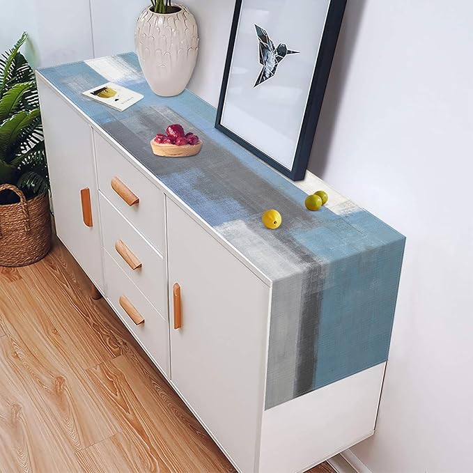 Emvency Farmhouse Table Runner, Vintage Grey Blue Abstract Art Painting for Kitchen Coffee Table Family Dinners Holiday Parties Wedding Events Decor(13x72 inch)