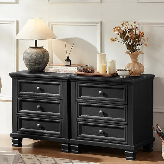 Farmhouse Nightstand Set of 2, Rustic Couch End Table with 3 Drawers & 4 Square Solid Wood Legs, Vintage Bed Side Table with Storage, Small Dresser for Bedroom, Living Room, Black