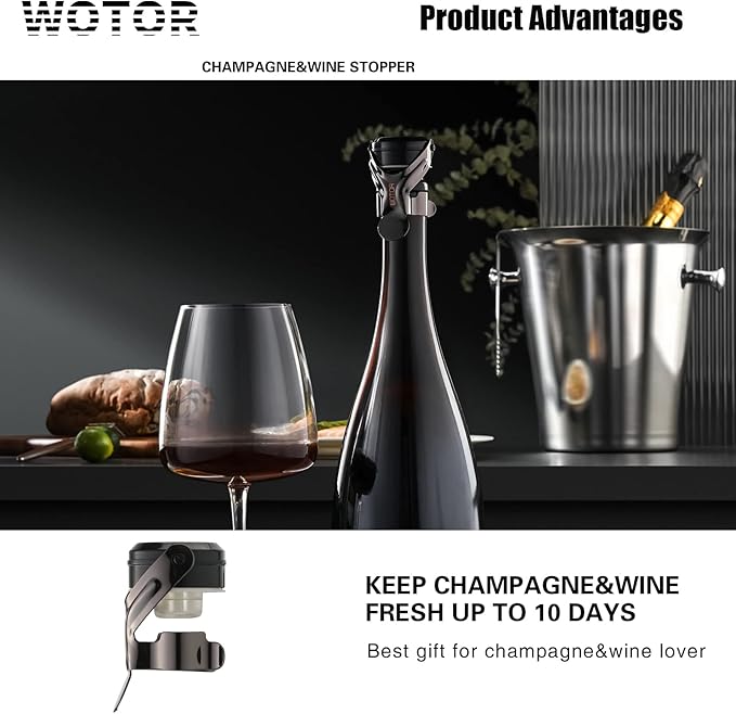 WOTOR Champagne&Wine Bottle Stoppers Stainless Steel with Food Grade Silicone, Leak Proof Keep Fresh Reusable Saver, Cork Suitable for Wine, Champagne, Cava, Prosecco and Sparkling (6 Pack Black）