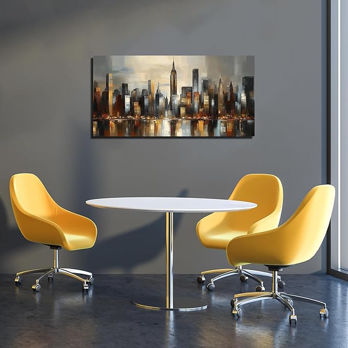 GUGIKA City Wall Art for Living Room, Gold and Grey Wall-Decor for Bedroom, Modern Cityscape Poster Canvas Print, Size 40 x 20 Inches