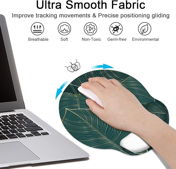 Britimes Ergonomic Mouse Pad Set with Wrist Rest Green Palm Leaves Non-Slip Rubber Base Wrist Cushion Support and Coasters Mousepad with Wrist Support for Computer Keyboard and Desk