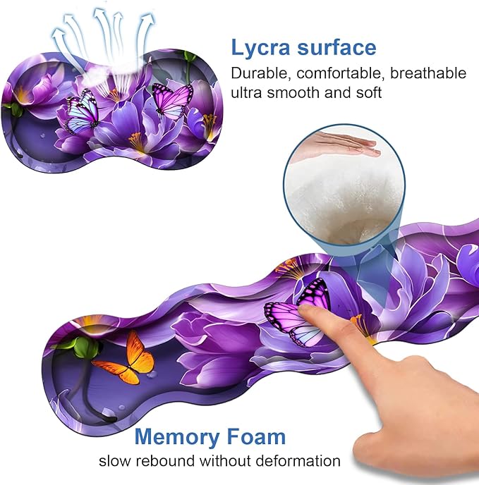 4 in 1 Ergonomic Memory Foam Mouse Pad Wrist Rest Set, Large XXL Gaming Desk Pad + Keyboard Wrist Rest + Mouse Wrist Cushion + Coaster for Home Office Study Gaming, Purple Flowers and Butterfly