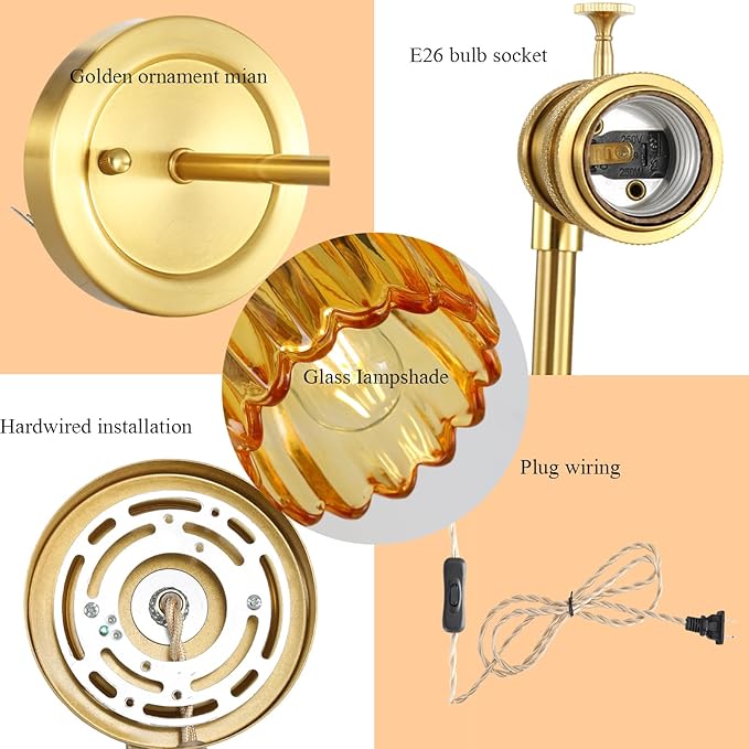 Plug in Vintage Wall Sconces Set of Two, 180 Degree Adjustable Brass Vanity Lights Fixture with Amber Tulip Glass Lampshade, Modern Wall Lighting for Bedside Bedroom Bathroom