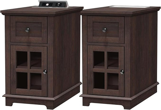 HIFYOBRO Narrow End Table with Flip Top Charging Station Set of 2, Storage Side Table with Drawer and Cabinet, Type-C & USB Port & Power outlets, Wooden Storage Cabinet for Bedroom/Living Room