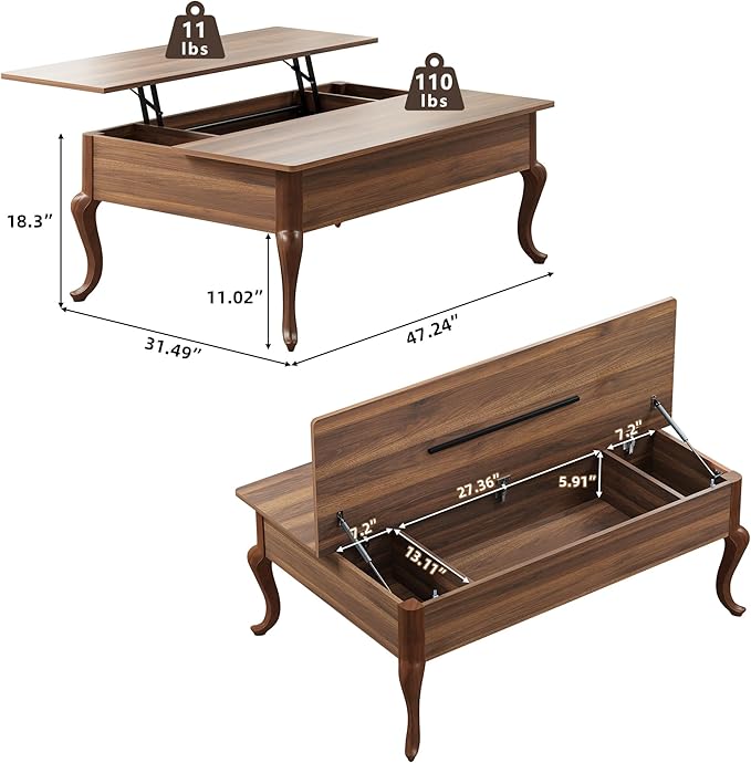 Lift Top Coffee Table, Farmhouse Coffee Table with Hidden Storage, Wood Center Table Dining Table for Living Room, Apartment, Home Office (Walnut)