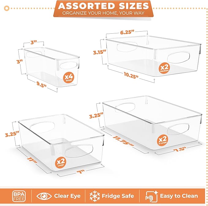 Sorbus Clear Plastic Storage Bins for Organizing, 10 Pack Clear Organizer Bins with Handles, Plastic Storage Bins for Closet, Pantry, Fridge, Medicine Cabinet Organizer, Shelves, Freezer, Drawer