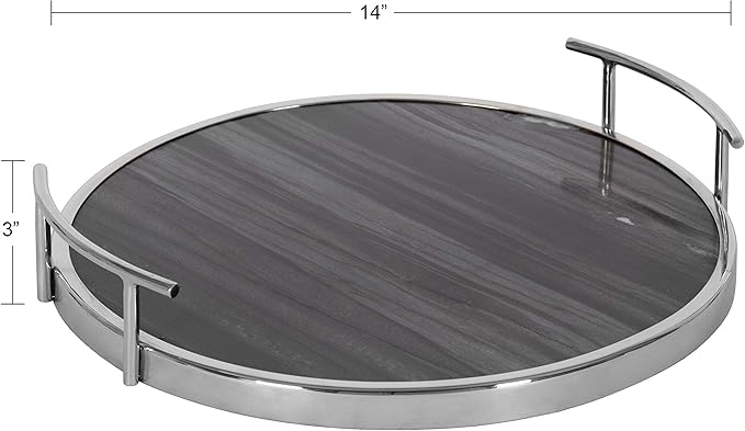 Kate and Laurel Marbury Modern Round Tray, 15 x 14 x 3, Gray Marble and Silver, Contemporary Marble Tray for Storage and Display