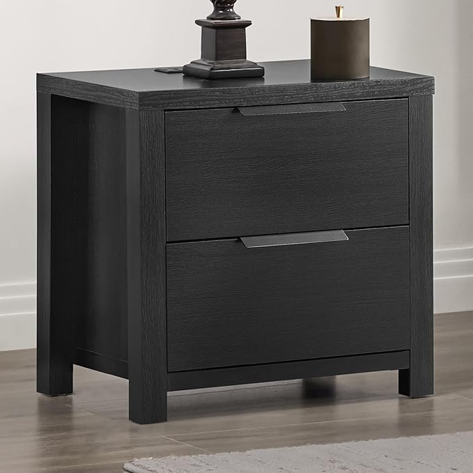 21" Farmhouse Nightstand with Charging Station 2 Drawers Large End Table with Metal Handle Rustic Low Night Stand Wood Dresser for Living Room Bedroom Closet,Black