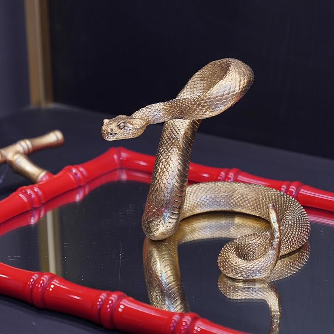 Guichifun Snake Statue Decor Collectible Figurines - Gold Resin Animal Chinese New Year Mascot Home Shelf Office Table Halloween Decoration 7.25 x 7.25 x 6.5 Inch