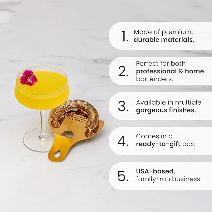 A Bar Above Gold Hawthorne Strainer Cocktail, Stainless Steel Bar Strainer Cocktail, High-Density Spring, Mirrored Gold Finish, Drink Strainer, Cocktail Strainer, for Boston Shakers and Mixing Glasses