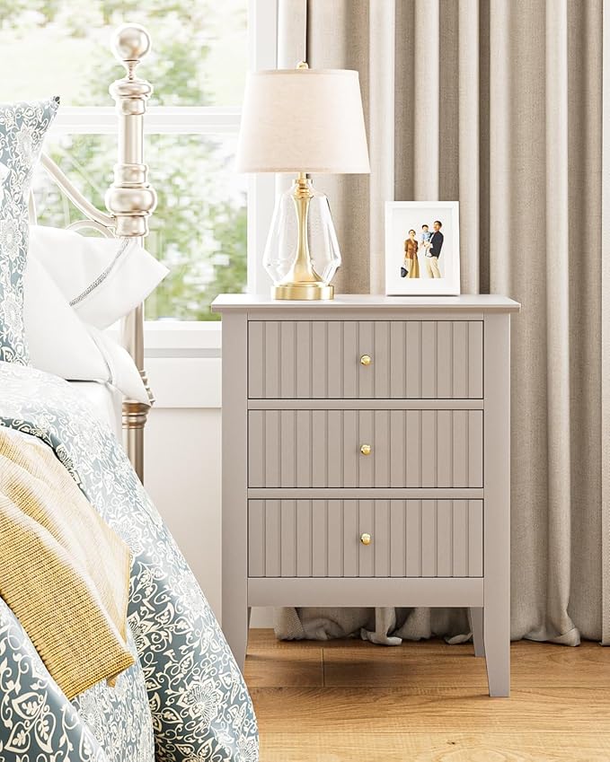 Night Stand, Fluted Nightstand Bedside Tall Farmhouse Nightstand with 3 Drawers, Mid Century Modern Side Accent Table,Bedside End Table for Bedroom, Living Room, Khaki