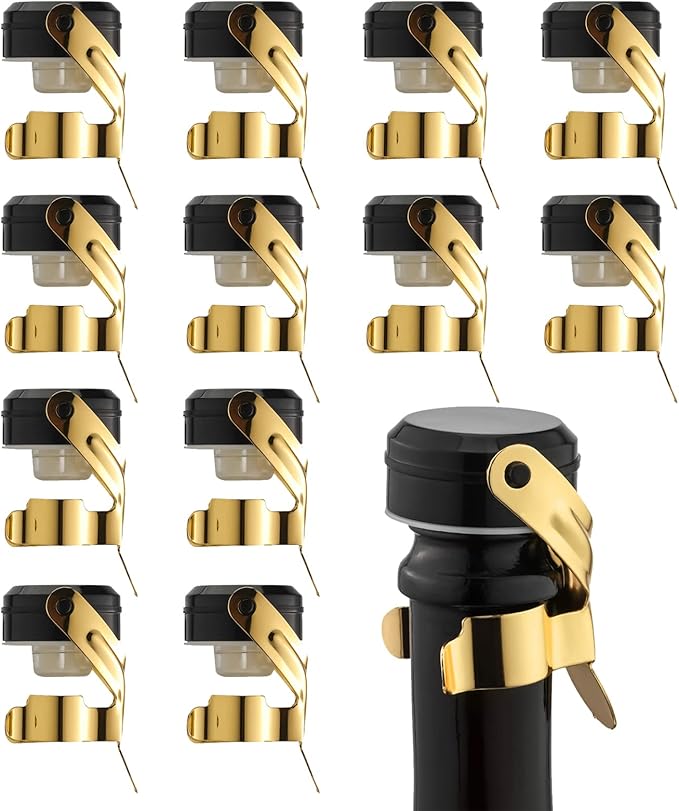 WOTOR Champagne&Wine Bottle Stoppers Stainless Steel with Food Grade Silicone, Leak Proof Keep Fresh Reusable Saver, Cork Suitable for Wine, Champagne, Cava, Prosecco and Sparkling (12 Pack Gold）
