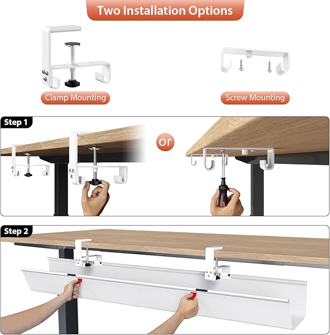 Univivi No Drill Under Desk Cable Management Tray, 48" Cord Organizer for Table, Clamp/Screw Mount Desk Cable Management, Premium Fabric Cable Management Tray for Office, Home (Extra Large)