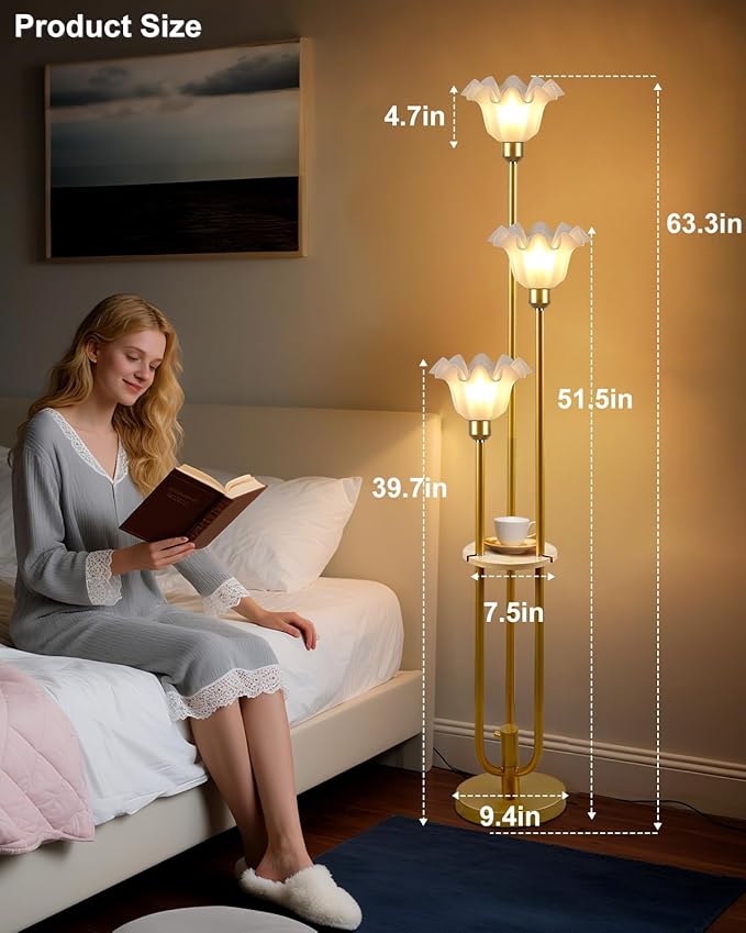 Lightdot Flower Floor Lamp for Living Room, Dimmable Vintage Floor Lamp with Shelf &3 LED Bulbs, 3 Light 3000K Soft Warmwhite Mid Century Gold Standing Lamp, Floral Tall Lamp for Bedroom Office