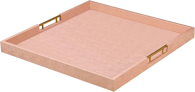 24x24 Inches Extra Large Champagne Faux Leather Wrapped Wood Ottoman Tray with Golden Handles for Serving Food Breakfast On Bed, Square Coffee Table Organizer, Home Decor and Decorative