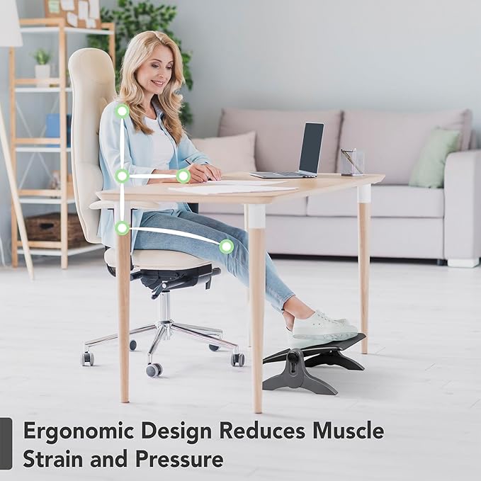 EHO Ottoman, Ergonomic Foot Rest for Under Desk, Adjustable Height and Angle, Rubber Platform, Anti-Slip, Ankle Support, Detachable Washable Cushion, Back and Leg Pain Relief, 21.6"L x 11.4"W, Black