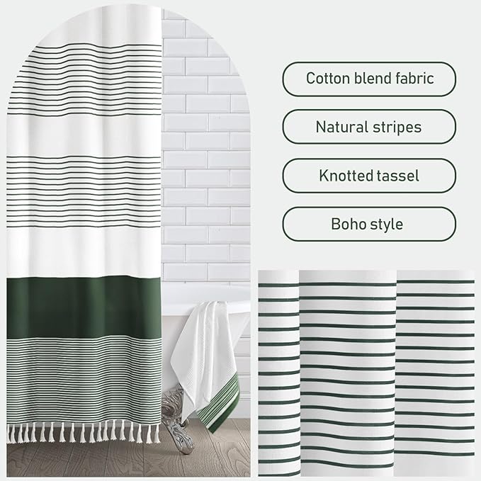Awellife Dark Green Shower Curtain for Bathroom Boho Stripe Shower Curtain with Tassel 72 X 72 Inches Farmhouse Cotton