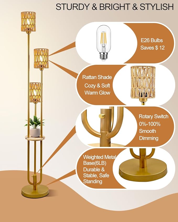 Lightdot Boho Floor Lamp with Shelves, 3-Lights Farmhouse Gold Dimmable Floor Lamp Candle Holder Style, Rustic Tall Standing Lamp with Rattan Shades for Living Room Bedroom Home Office