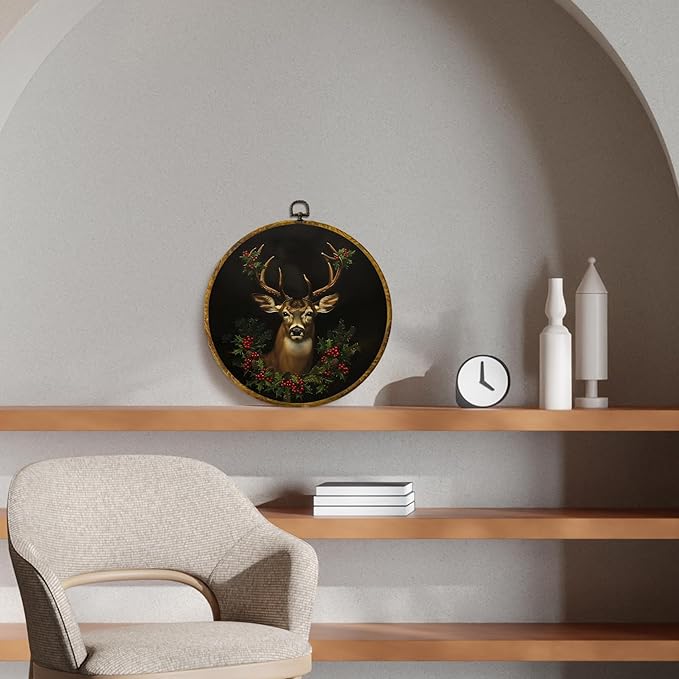 CUANFDDSF Vintage Christmas Reindeer Round Wall Art Decor, Rustic Dark Moody Xmas Reindeer Holiday Wall Hanging Frame Decor, Gothic Christmas Canvas Prints Decorations for Home Bedroom, 10x10 Inch