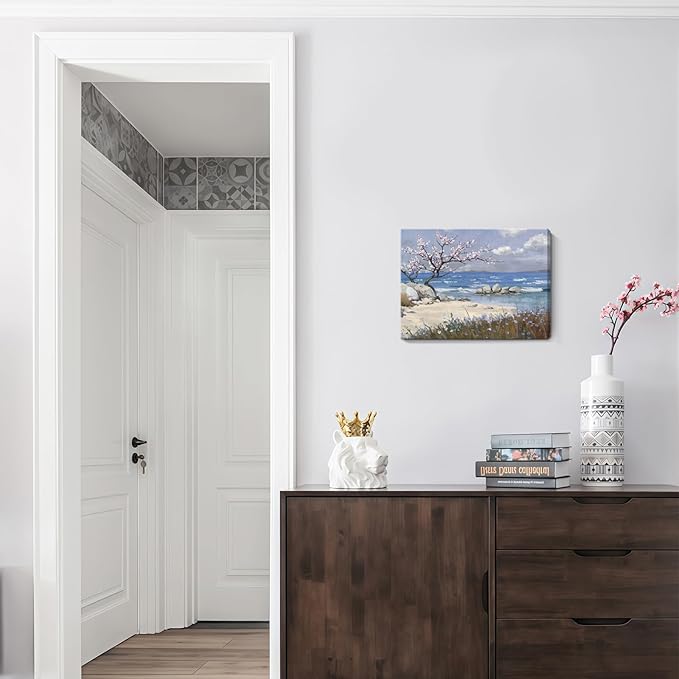 amatop Coastal Wall Art Small Bathroom Bedroom Kitchen Decor, Serene Pink Blossom Floral Tree Shore Calm Sea Beach Landscape Canvas Print Blue Ocean Scenery Abstract Nature Artwork for Walls 16x12 In