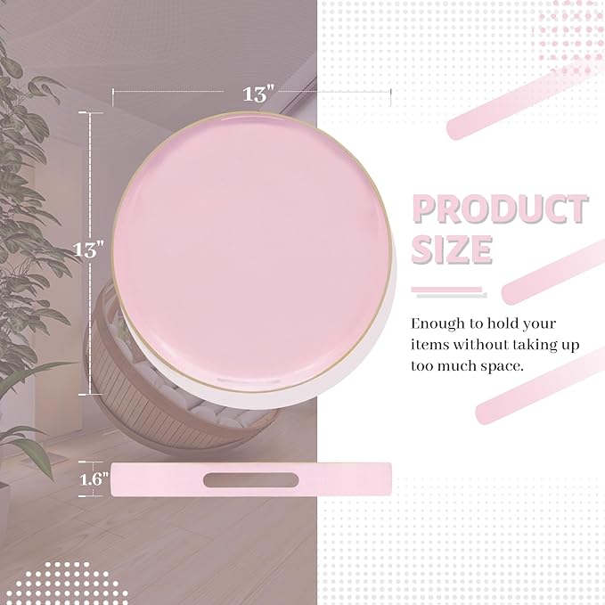 MAONAME 13" Round Tray, Pink Serving Tray with Handles, Modern Decorative Trays for Coffee Table, Plastic Ottoman Trays for Ottoman, Bathroom, Decor
