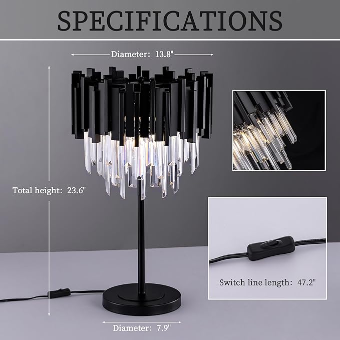 Wellmet Black Crystal Table Lamp,3 Lights Table Lamps for Bedroom,Black Bedside Nightstand Lamps for Living Room,Small Decorative Desk Lamp for Reading Room,Metal Base