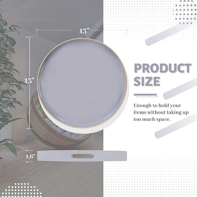 MAONAME 13" Gray Round Tray, Grey Serving Tray with Handles, Modern Round Decorative Trays for Coffee Table, Plastic Trays for Ottoman, Bathroom, Decor