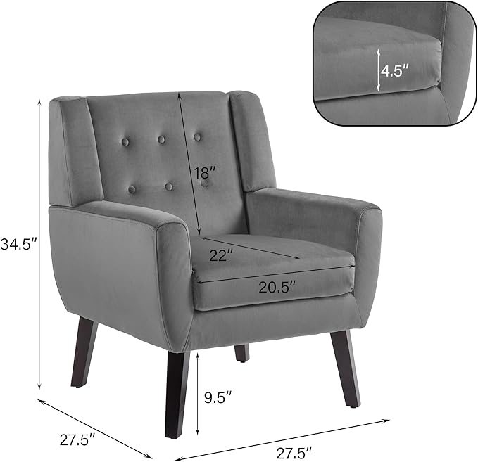UIXE Accent Chairs Set of 2, Velvet Upholstered Armchair for Living Room, Modern Club Arm Chairs Comfy Single Sofa Button Tufted Bedroom Reading Seat - Gray