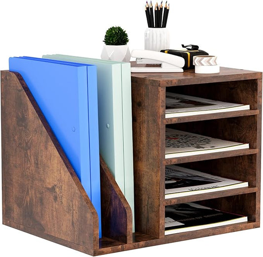 Wood Desk Organizer File Holder, Wooden Mail Organizer Countertop with Adjustable Compartments, Desktop File Organizer Paper Sorter for Home, Office and School, Envelope Organizer, Brown