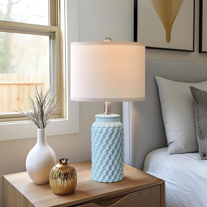 20.5" Light Blue Modern Ceramic Bedside Lamp Set of 2 for Bedroom Decor Farmhouse Table Lamp for Living Room Office Dorm