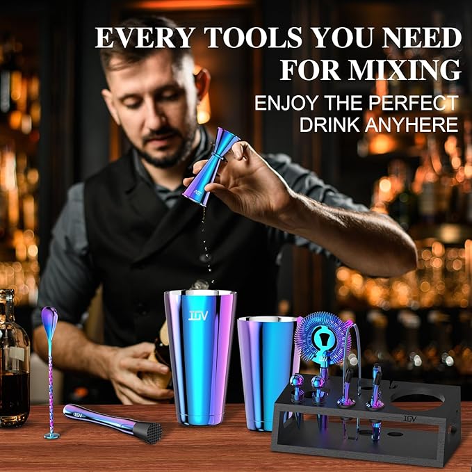 IOV Cocktail Shaker Set: 12-Piece Mixology Bartender Kit Bar Set | 18oz & 28oz Boston Shaker Drink Mixing Tools for Home with Recipe Booklet and Stand | Fun Housewarming Gift (Rainbow)