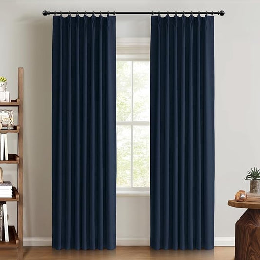 100% Blackout Shield Linen Look Textured Pinch Pleated Curtains Blackout Drapes 102 Inch Long 2 Panels Set, Faux Linen Blackout Curtains for Bedroom & Living Room, 40" W x 102" L, Midnight Blue