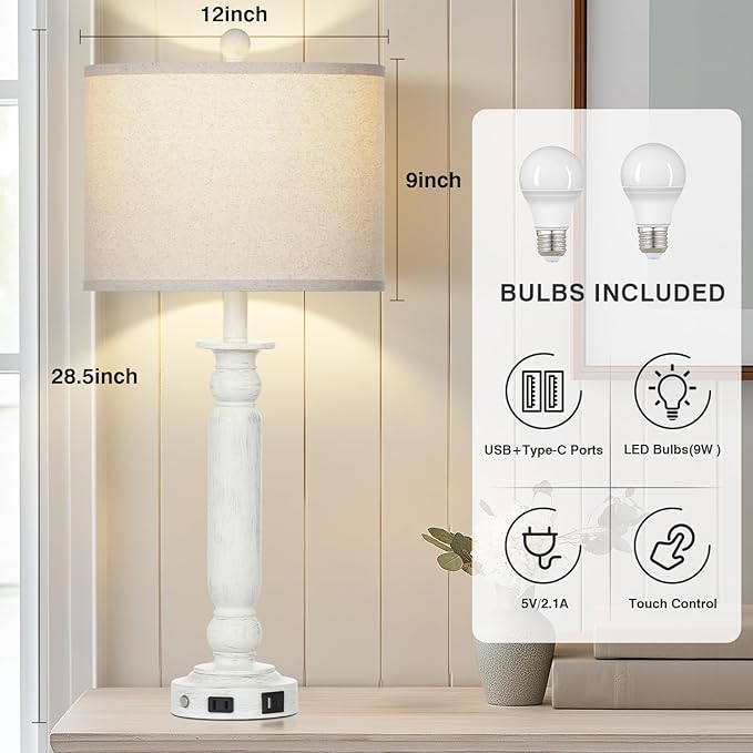 28.5" Tall Farmhouse Table Lamps Set of 2 for Living Room, 3-Way Dimmable Touch Lamps with USB C+A Ports & AC Outlet, Bedside Nightstand Lamps with Linen Shade for Bedroom