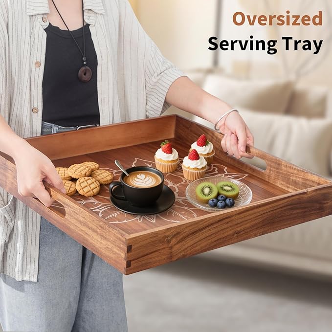 Ottoman Tray with Handles, 20 Inches Acacia Wood Serving Tray, Extra Large Tray for Ottoman Decorative Trays Serving for Living Room for Decorative, Coffee Table, Breakfast in Bed, Appetizers