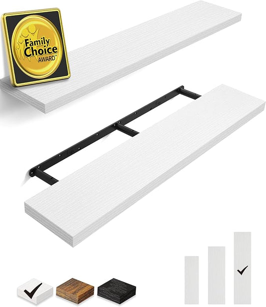 BAYKA Floating Shelves, 48 inch Wall Mounted Rustic Wood Shelves for Bathroom, Bedroom, Living Room, Kitchen, Office, Hanging Shelf for Books/Storage/Decor(White,Set of 2)