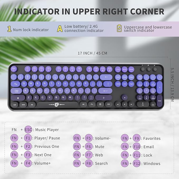 FD Wireless Keyboard and Mouse Combo | Cute Colorful Keyboard and Mouse with 2.4GHz Cordless Retro Typewriter Keyboard | Auto-Sleep | USB Receiver for Windows PC/Laptop - Black Purple Gradient