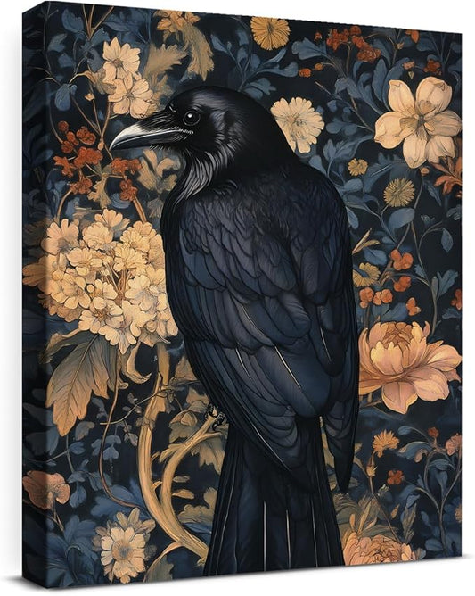 Aesthetic Raven Floral Wall Art Decor Vintage Raven Cottagecore Canvas Print Poster Dark Academia Framed Painting Wall Decoration for Home Farmhouse Living Room Bedroom 8x10 Inch