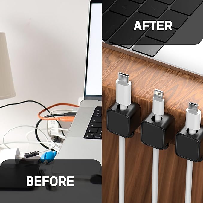 6 Pack Self Adhesive Mangetic Cable Clips, Cable Mangement, Cord Holder, Organizer for Desk, Wall, PC, Phone, Office, USB, Ethernet, Power Cords, Black, FILTERGUARIAN