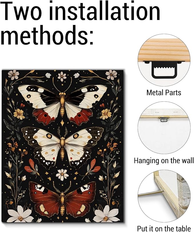 Aesthetic Moths Wall Art Decor Gothic Dark Academia Moth Canvas Print Poster Botanical Framed Painting Wall Decorations for Home Farmhouse Living Room Bedroom Decor 8x10 Inch