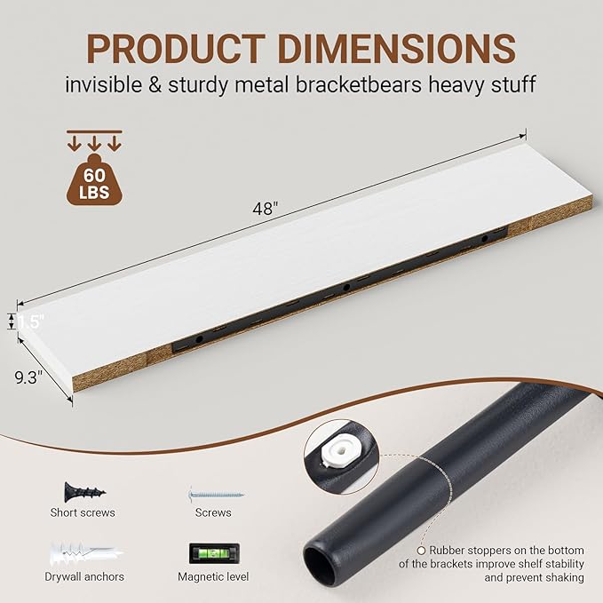 Heimlove Floating Shelves for Wall 48 Inches Long,9.3" Deep White Floating Shelf Set of 2,Wall Mounted Shelves for Bathroom Bedroom Living Room Kitchen Office,Shelf for Books Storage Room Decor