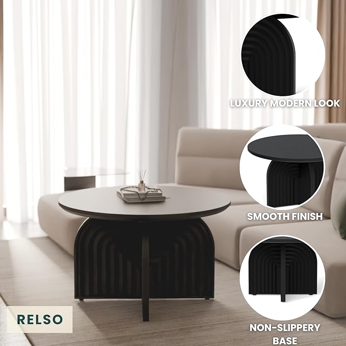 Charon Coffee Table – Solid Mango Wood Round Accent Table, Handcrafted Black Finish – Modern Coffee Table for Living Room, Patio, Bedroom, or Apartment – Compact, Durable, Easy Assembly Design