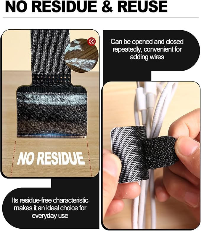 50 Pcs Self Adhesive Cable Tie Reusable Made of 3M, Multi-Purpose Heavy Duty Hook Loop Cable Management Wire Ties for Home,Office,Kitchen,School (5.9" & 3.54", Black & White)