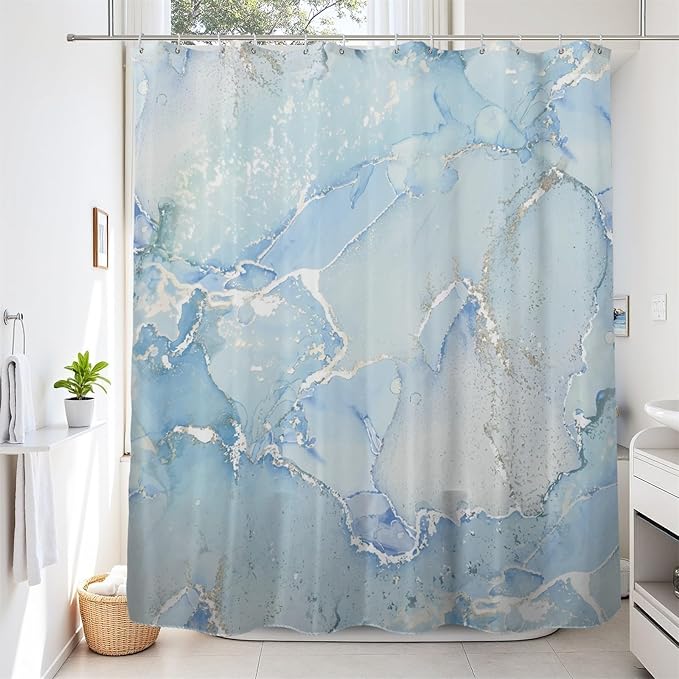 Renaiss Light Blue Marble Shower Curtain Waterproof Fabric Luxury Modern Art Shower Curtain for Bathroom Dormitory Print Decorative Shower Curtains Set with Hooks Waterproof Fabric 72" W x 84" L